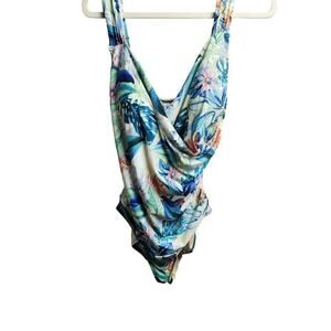 Jantzen ruched one piece swimsuit tropical print sz 16 built in bra beach summer